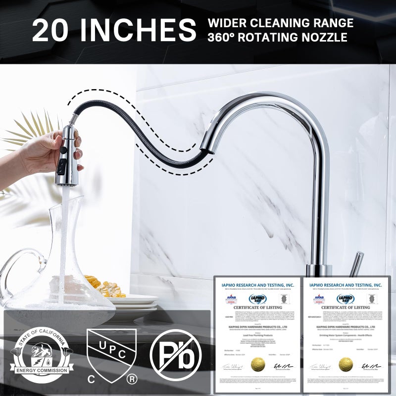 WEWE Sink Faucet, Pull Down Kitchen Faucet with Sprayer Low Lead Commercial Modern Stainless Steel rv Farmhouse Kitchen Faucet Single Handle 1 or 3 Hole Kitchen Sink Faucet, Polished Chrome - Image 3
